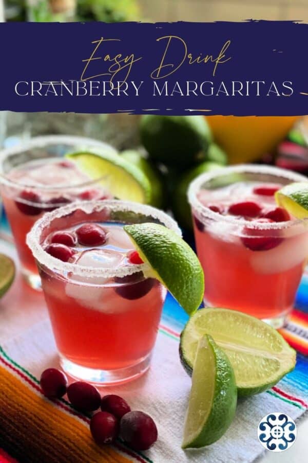 Three glasses of pink margaritas with recipe title text for Pinterest.