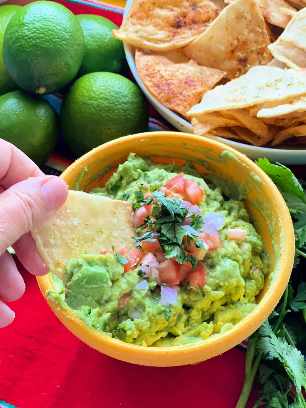 Female hand dipping chip into guacamole bowl. 
