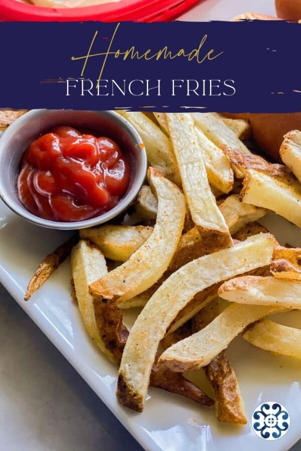 White plate with flies and a dipping container of ketchup with recipe title text on image for Pinterest.