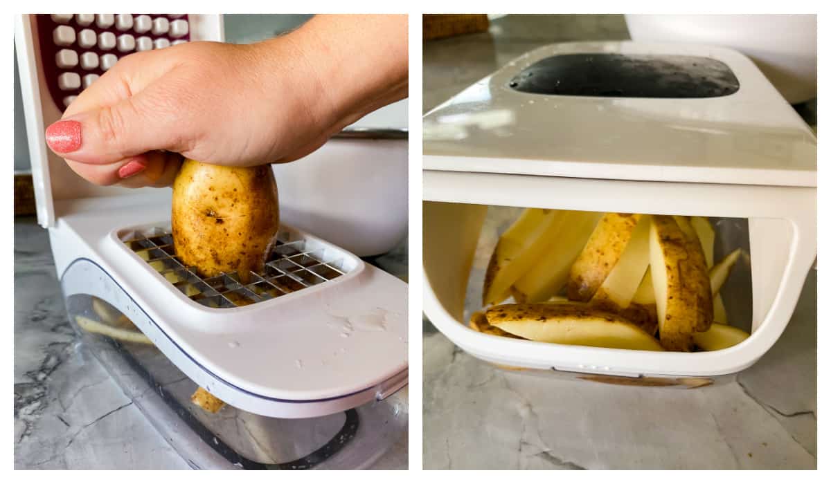 two images side by side left image of a hand with pink nails pressing a whole potaoe on a white pressing slicer with white marble counter. Left image of white potato slicer on white marble counter.