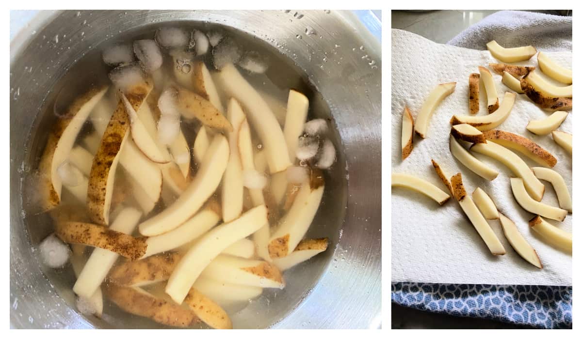 2 photos on the right, silver bowl filled with water, ice and uncooked potatoe slices. right photo of uncooked potatoes slices on a white napkin with a blue cloth underneath.