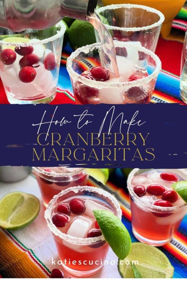 Margaritas with cranberries in them divided by text for Pinterest.