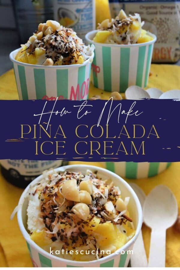 ice cream sundaes with toasted coconut, macadamia nuts and pineapple with recipe title text on image for Pinterest.