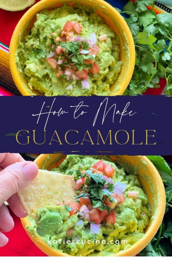 two images of guacamole in a yellow bowl divided by recipe title text for Pinterest.