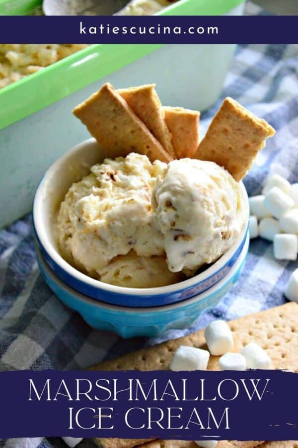 Three ice cream scoops with four pieces of graham crackers with recipe title text for Pinterest.