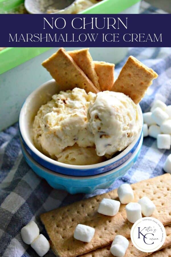 Three scoops of ice cream in two stacaked bowls with recipe title text for Pinterest.