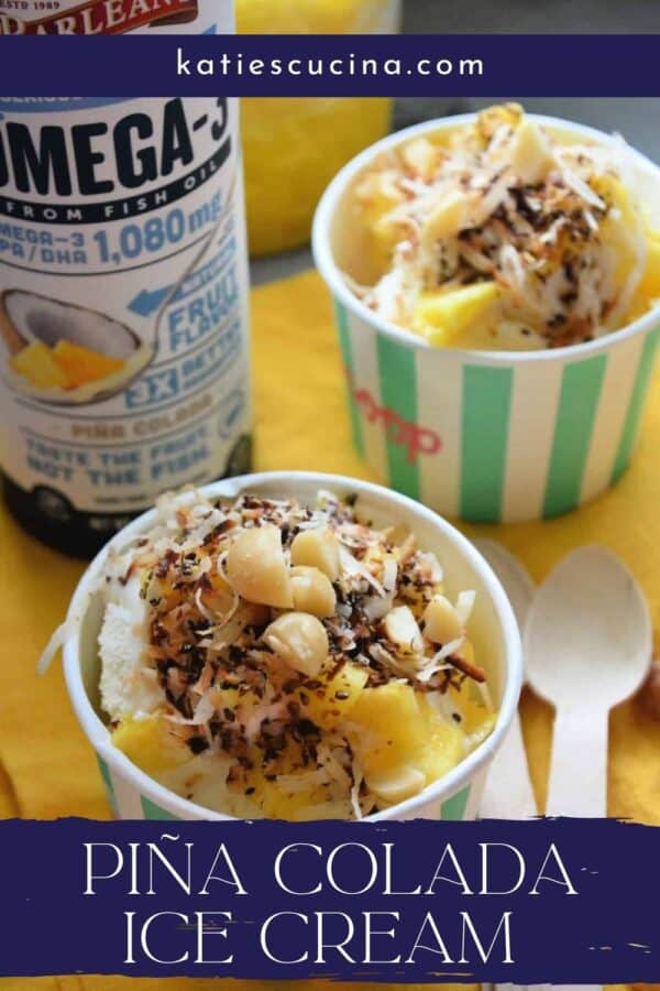 Two small ice cream sundaes in paper cups with recipe title text on image for Pinterest.