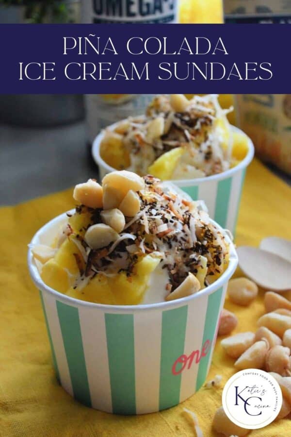 Two paper cups filled with ice cream and toppings with recipe title text on image for Pinterest.