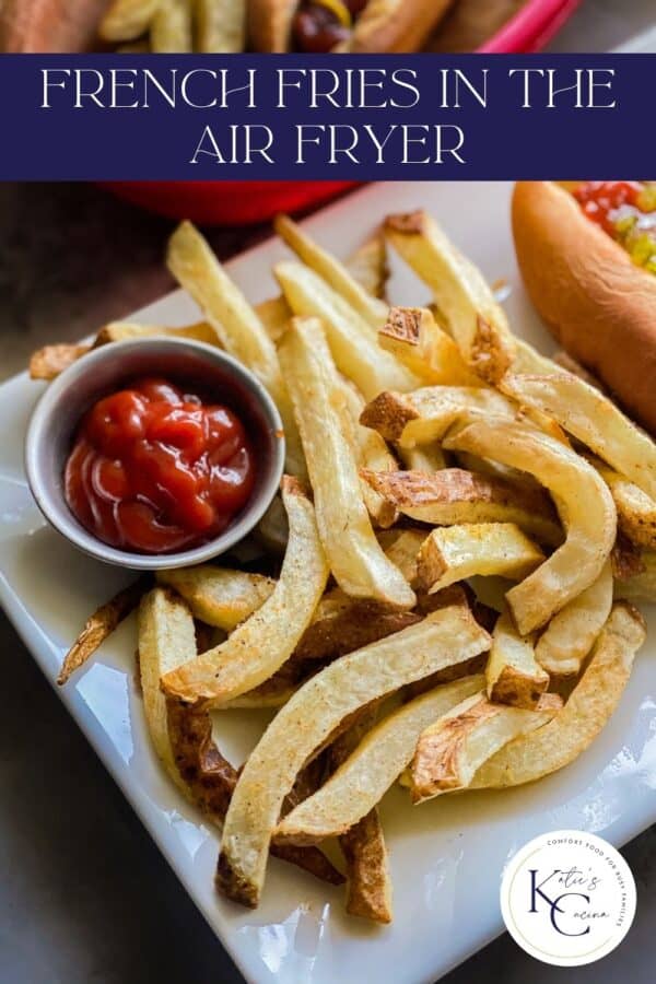 white glass plate with a pile of French fries and a silver dipping container with ketchup, and a hot dog in the background with title text on image.