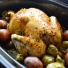 Black slow cooker with a whole chicken resting on top of red potatoes and brussels.