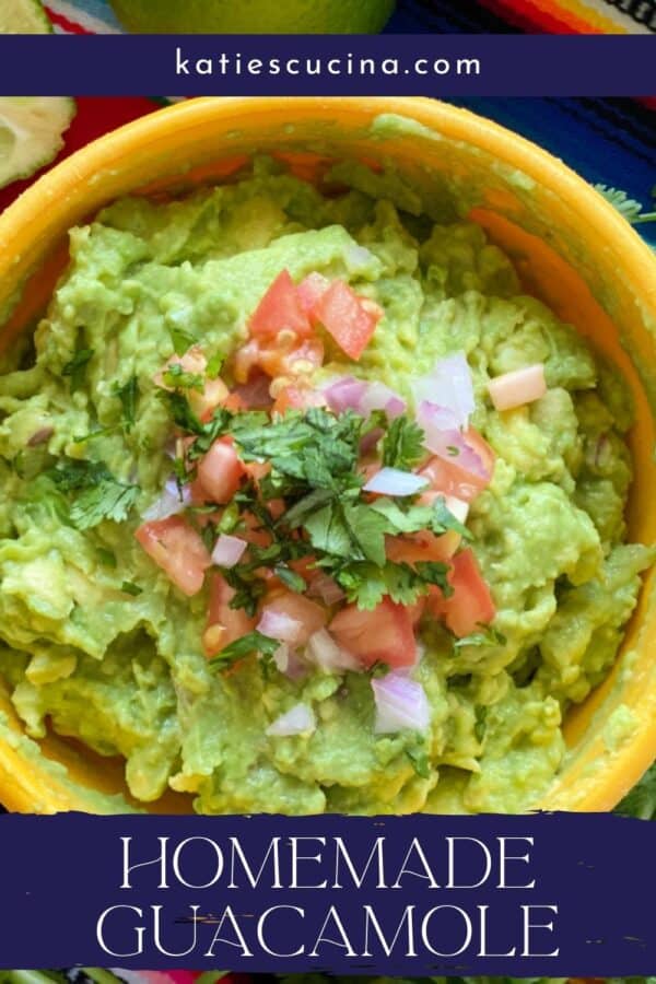 yellow bowl of guacamole with recipe title text for Pinterest.