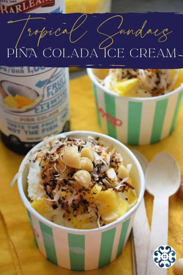 Paper cup with ice cream, coconut and pineapple with text on image for pinterest.