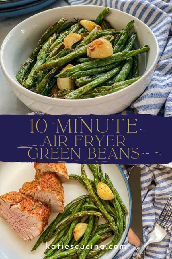 White bowl of green beans with garlic divided by text and a white place of sliced pork next to green beans and garlic.