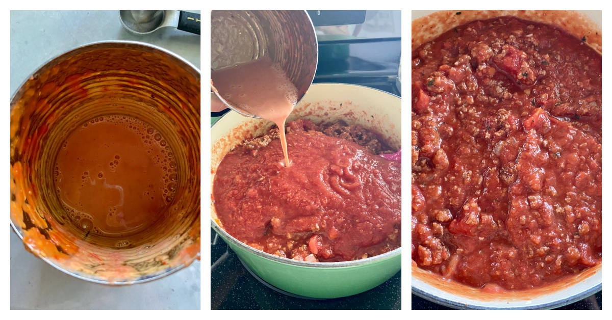 three steps of adding milk to meat sauce.