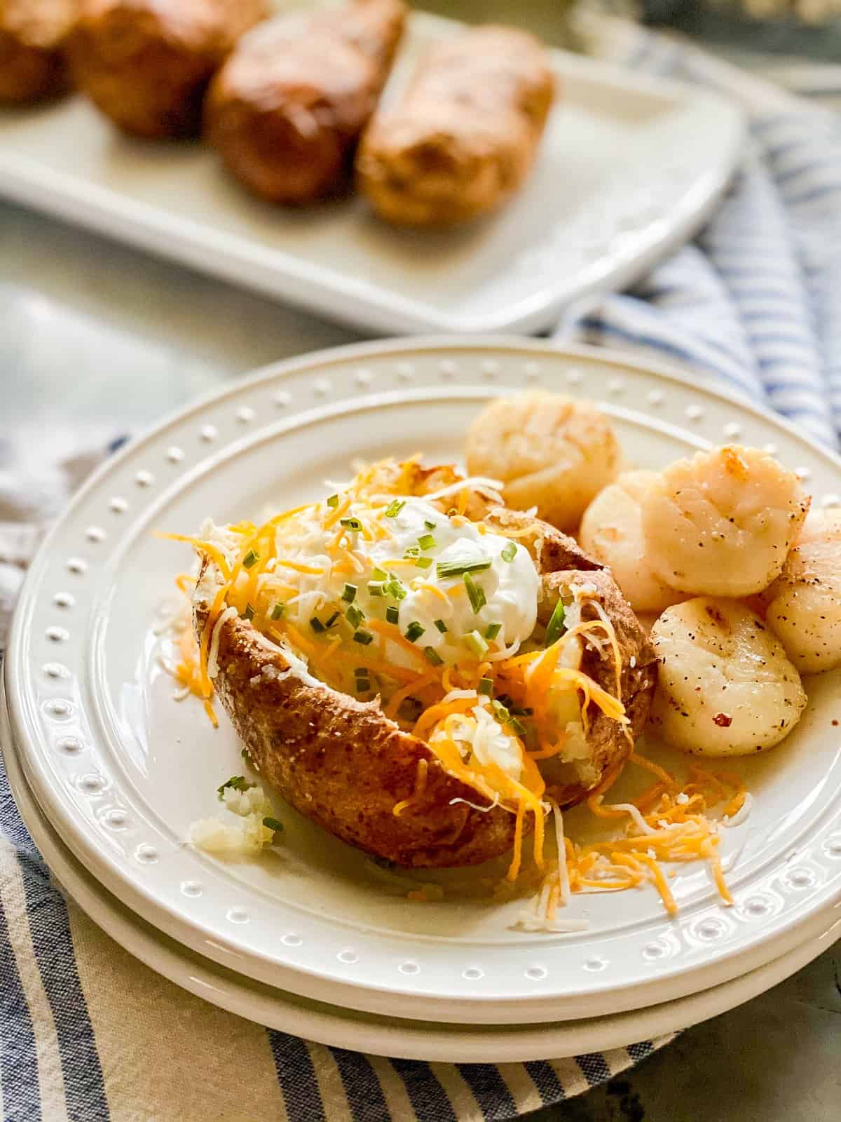 A white plate with a baked potato sliced in the middle and filled with yellow cheese, green scallions, and sour cream. Next to the potato are five scallops.