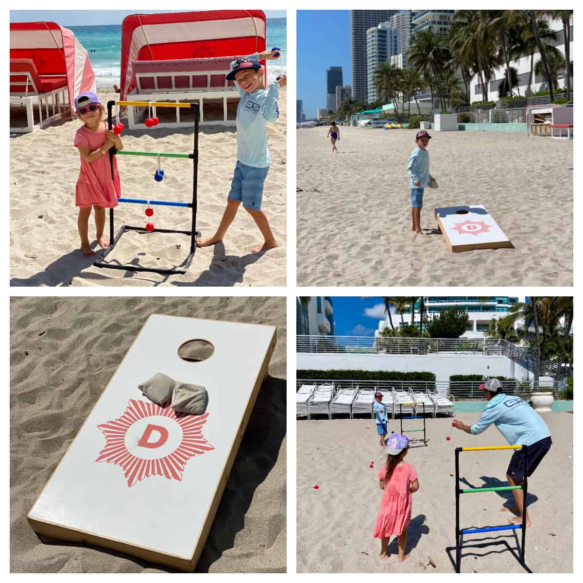 Boy and girl playing ladder toss and bean bag toss.