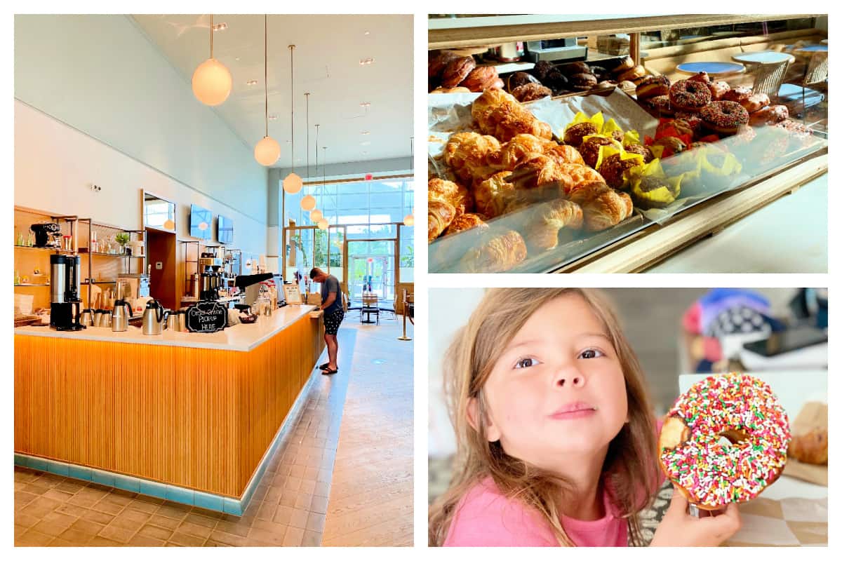 a coffee shop, pastry window, and a little girl eating a donut.