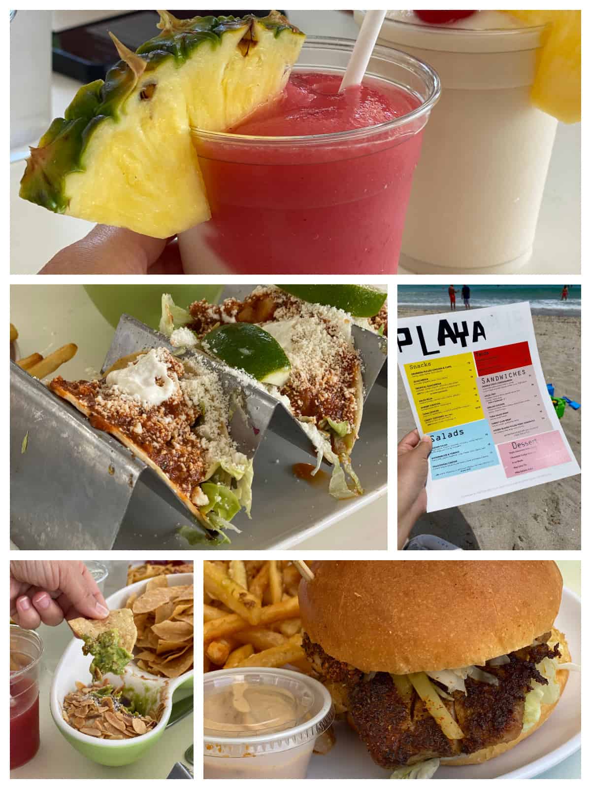 Pina colada, tacos, fish sandwich, guacamole and chips, and a menu. 