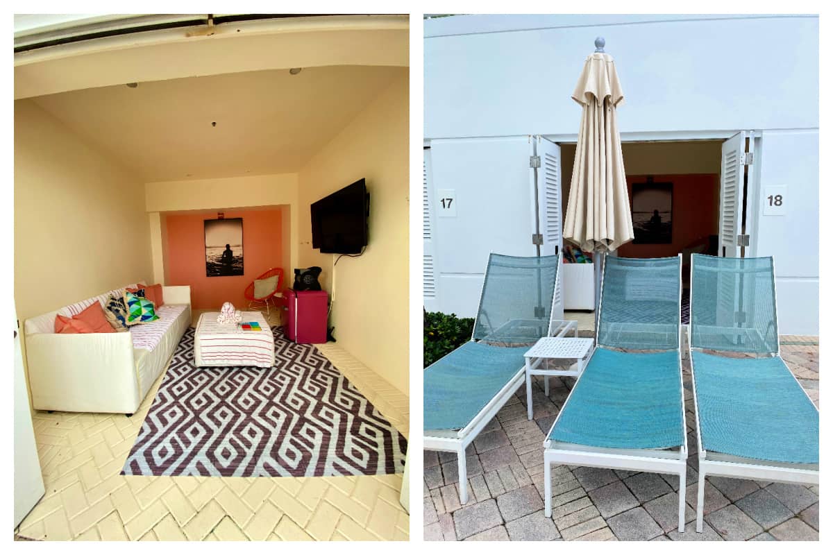 Pool cabana with couch with fridge, and tv and lounge chairs. 