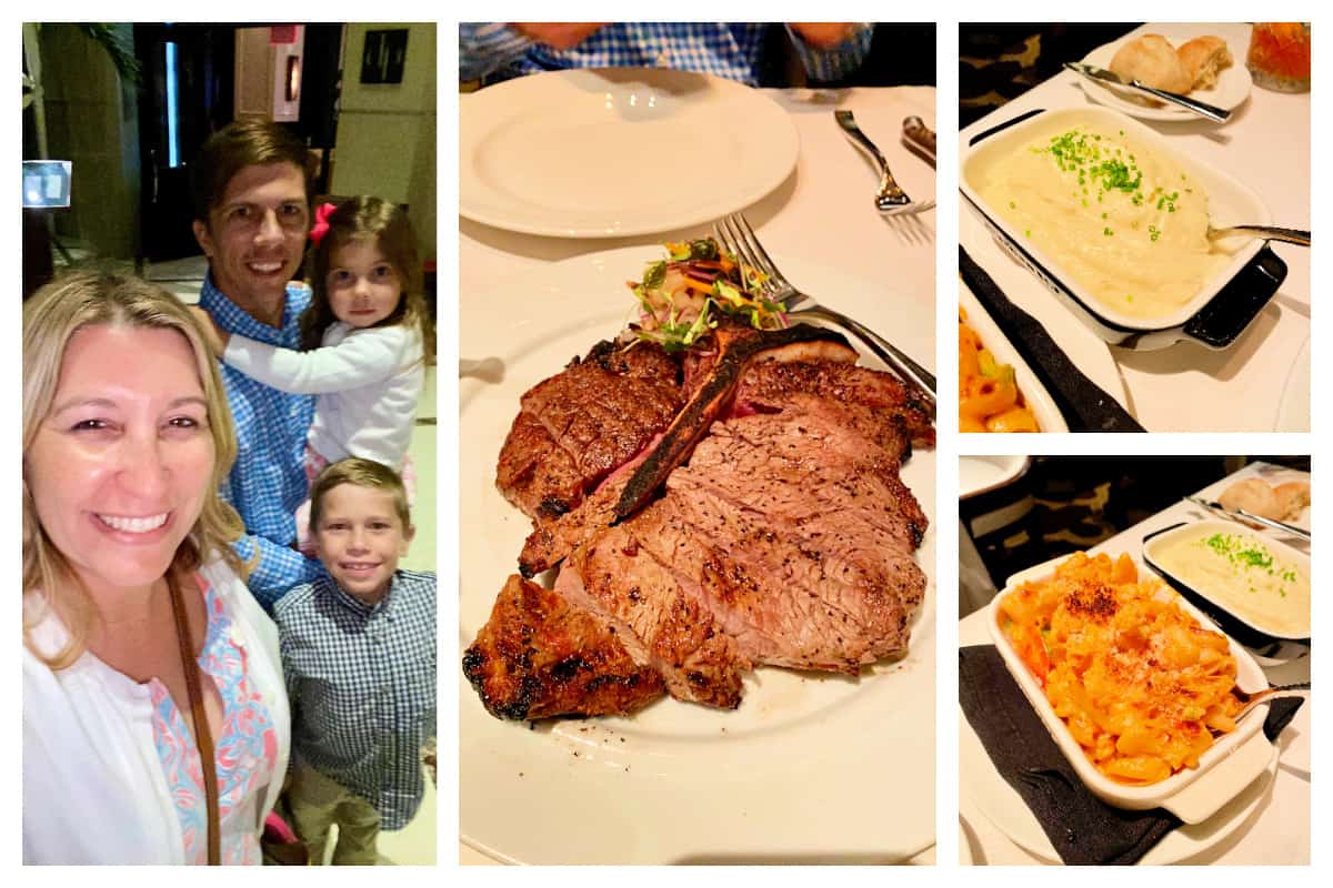 a family, steak, mashed potatoes, and mac and cheese.