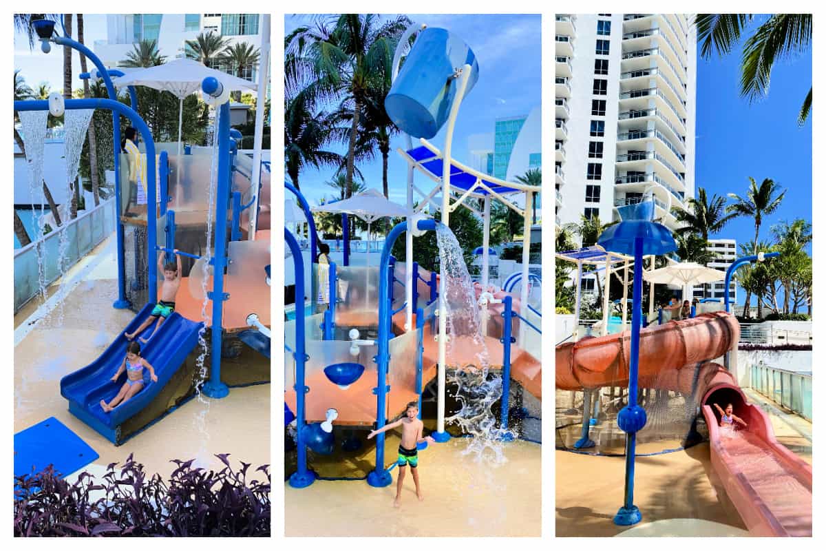 three different views of a kids water park.