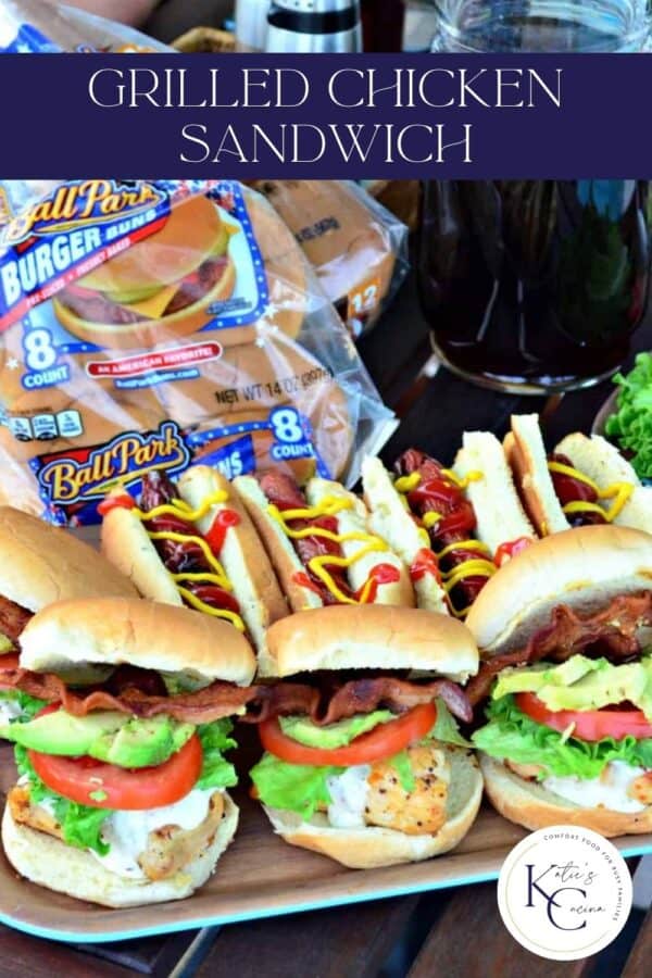 Platter of hot dogs anad grilled chicken sandwiches with recipe title text on image for Pinterest.