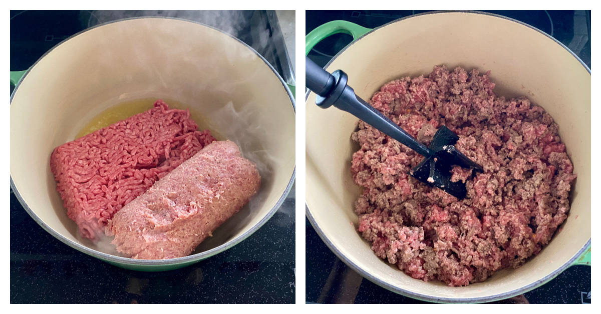 White pot with raw ground beef inside pot on left, on the right white pot with half cooked ground beef with black spatula inside.