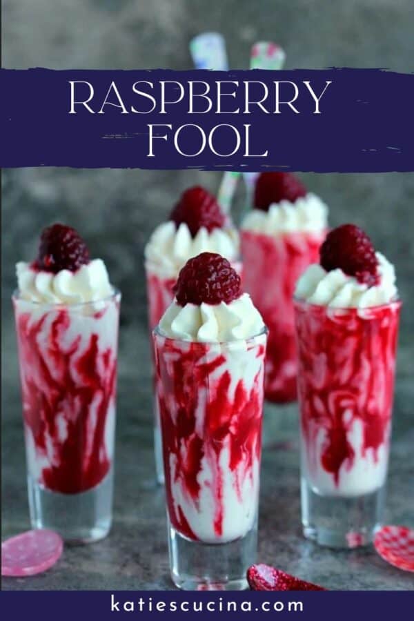 Five tall shot glasses of raspberry and cream with text on image for Pinterest.