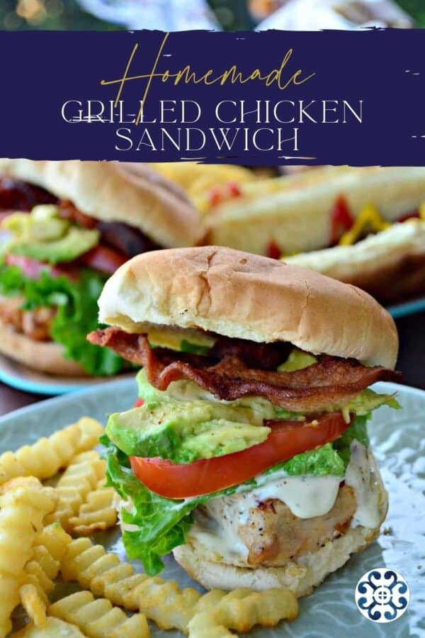 Grilled chicken sandwich with crinkle cut fries on a light green plate with recipe title text on image for Pinterest.