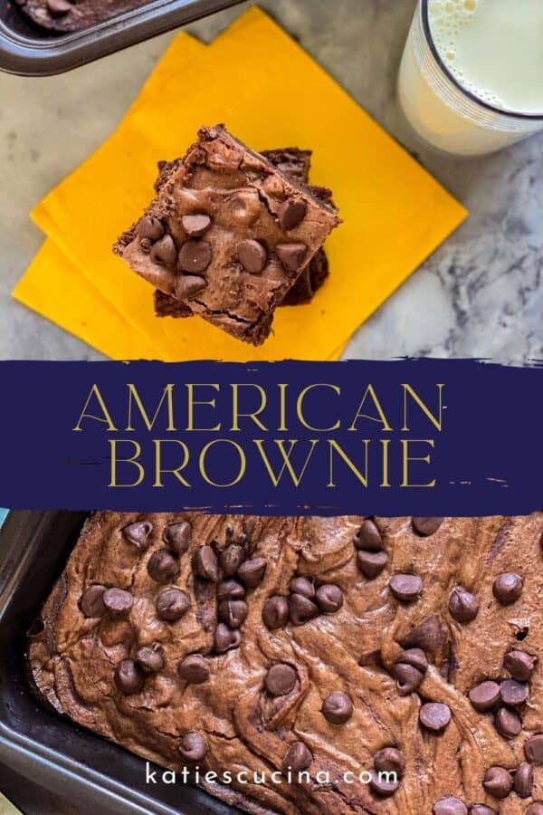 Brown brownies on a yellow square napkin divided by blue banner with words below banner up close of cooked brownie with chocolate chips on top in gray pan.