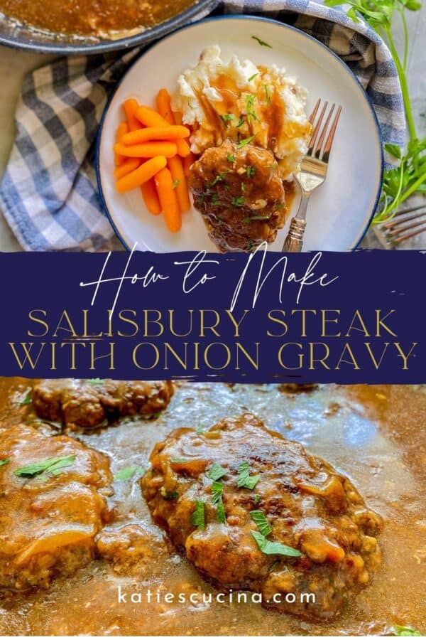 white plate with blue trim with white mash potatoes, orange carrots, brown steak with gravy with silver fork. with blue banner in the middle under banner a close up of beef steak with brown gravy.