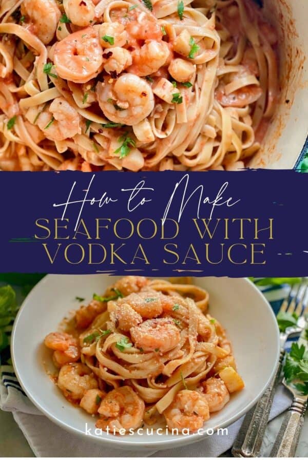 pot with pasta divided by recipe title text on image for Pinterest with bottom bowl filled with shrimp pasta.