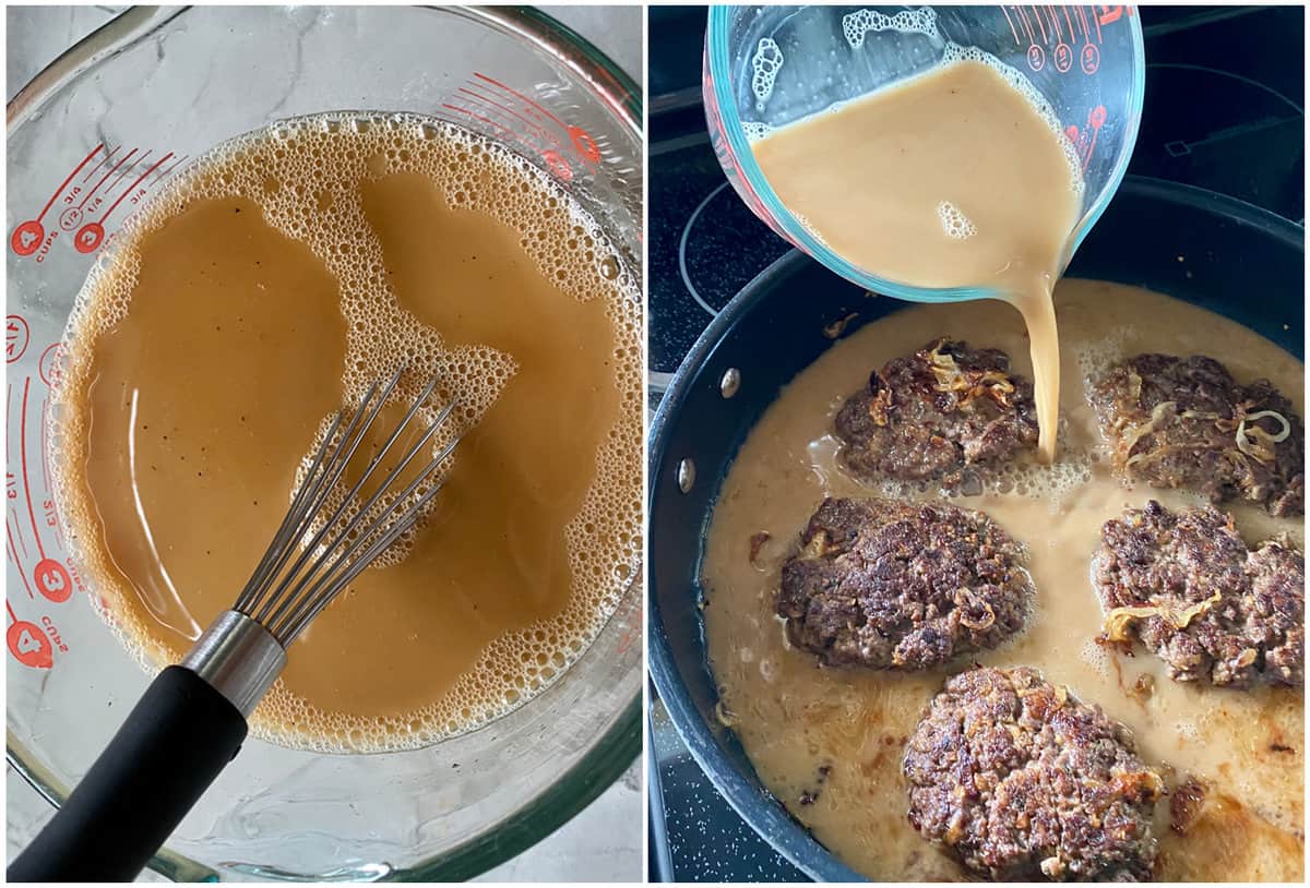Left photo of glass measuring cup with red lettering with brown gravy inside. Right photo of black pan with five cooked steaks filled with brown gravy with glass measuring cup with red lettering with gravy inside.