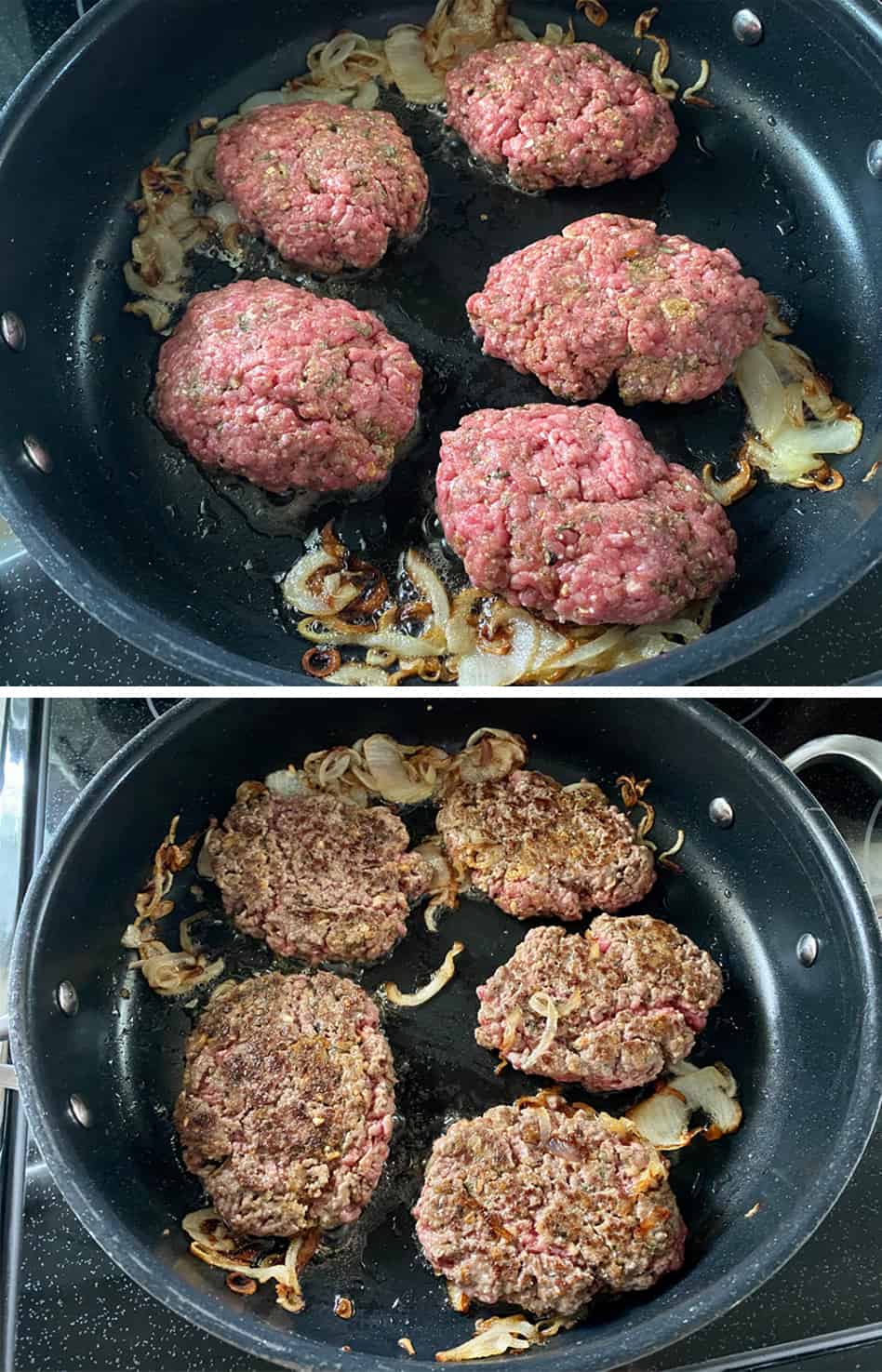 top with five uncooked red beef patties with yellow onions in skillet. below cooked beef steaks with onions in black skillet.