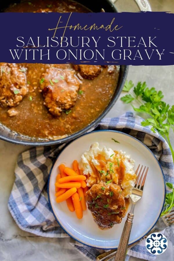 white plate with blue trim with white mash potatoes, orange carrots, brown steak with gravy with silver fork with blue banner on top with white lettering.