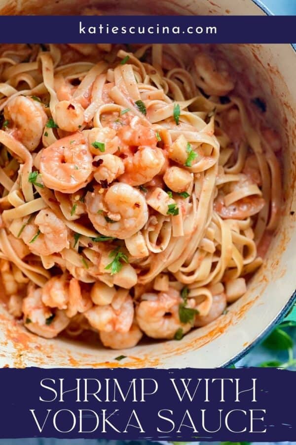 A pot of linguine with shrimp and scallops with recipe title text on image for Pinterest.