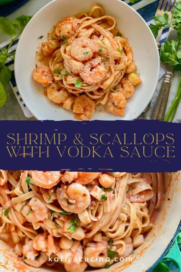 top of white bowl with shrimp pasta, bottom with pot filled with linguine and seafood with recipe title text on image for Pinterest.