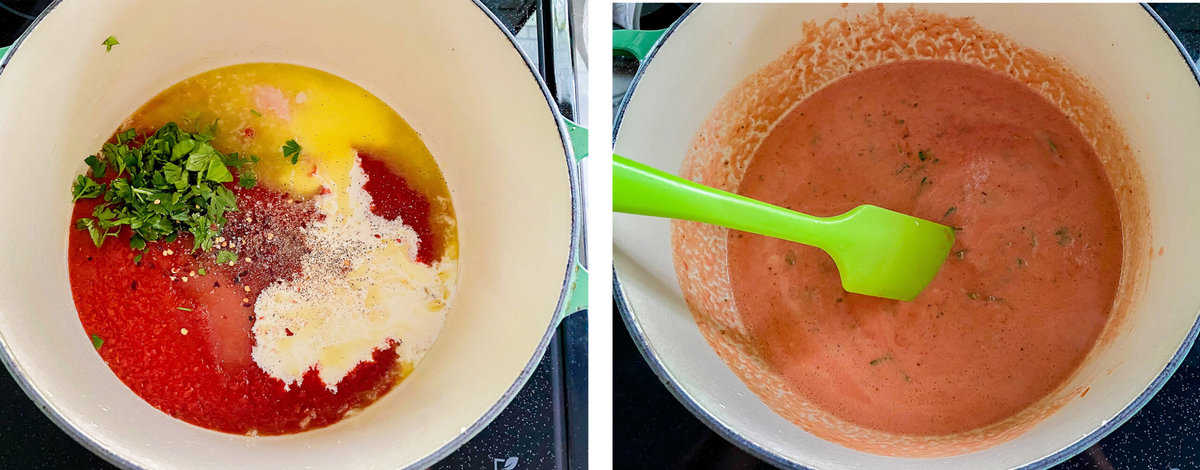 left photos of red, green, white seasoning right photo of red sauce with lime green spoon.