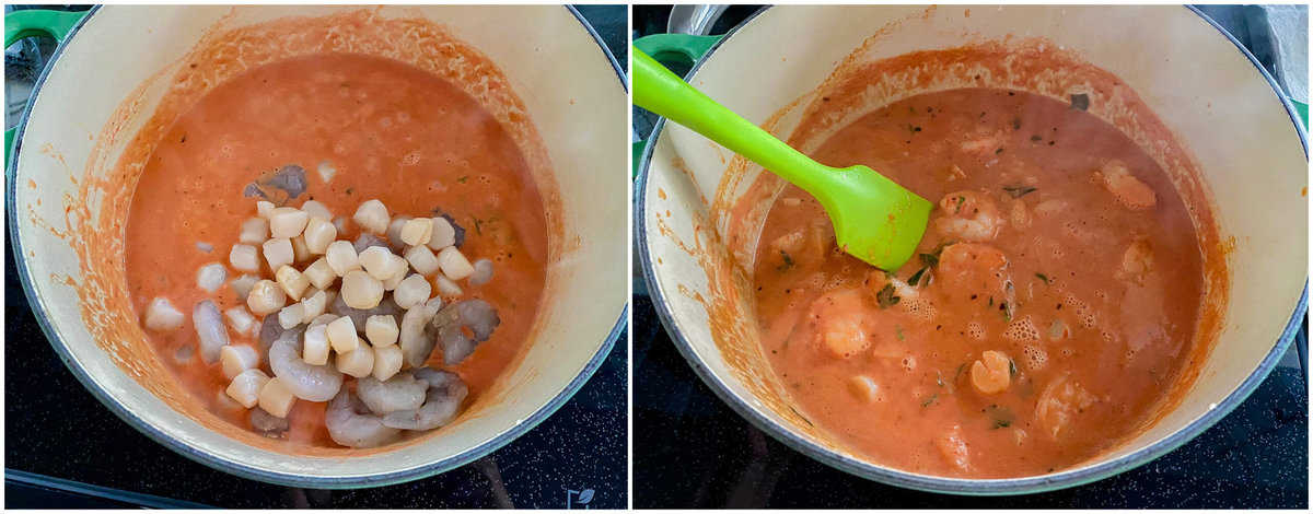 left, with red sauce with shrimps and scallops, right photos of red sauce with shrimp and scallops mixed in sauce with lime green spoon.
