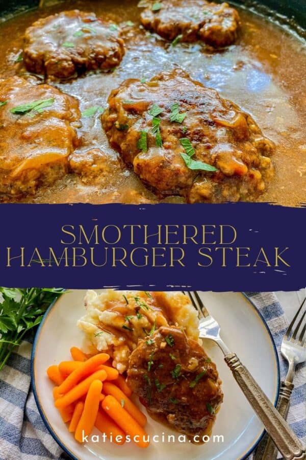 Up close photo of beef steaks in brown gravy with blue banner in the middle with brown lettering. Photo under of white plate with brown steak with gravy and orange carrots with white mash potatoes with brown gravy.