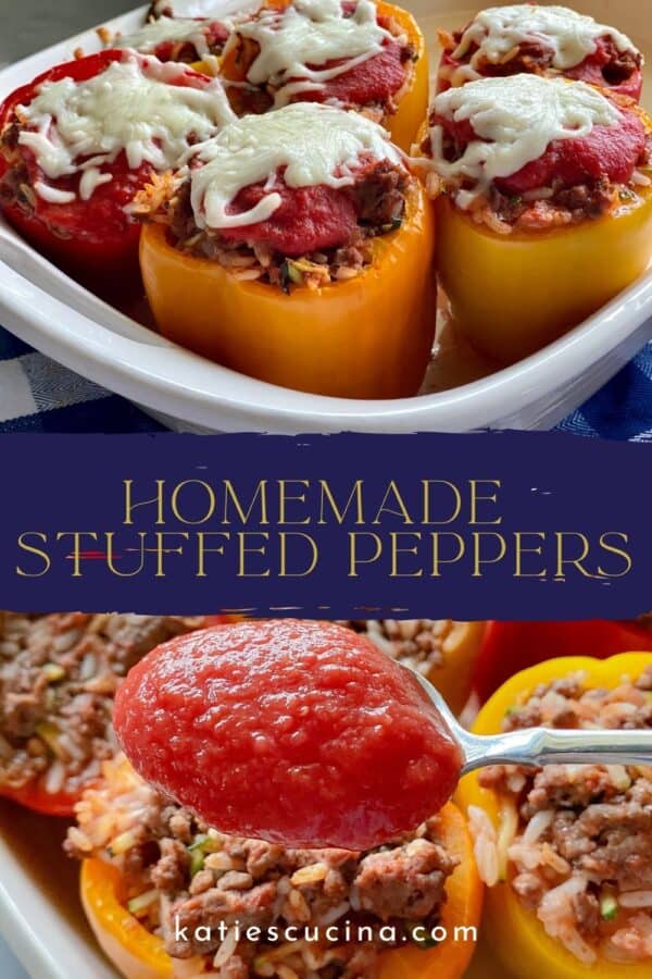 Orange, red, and yellow stuffed peppers with cheese, A blue banner with gold text in the middle and below the banner red sauce on a silver spoon.