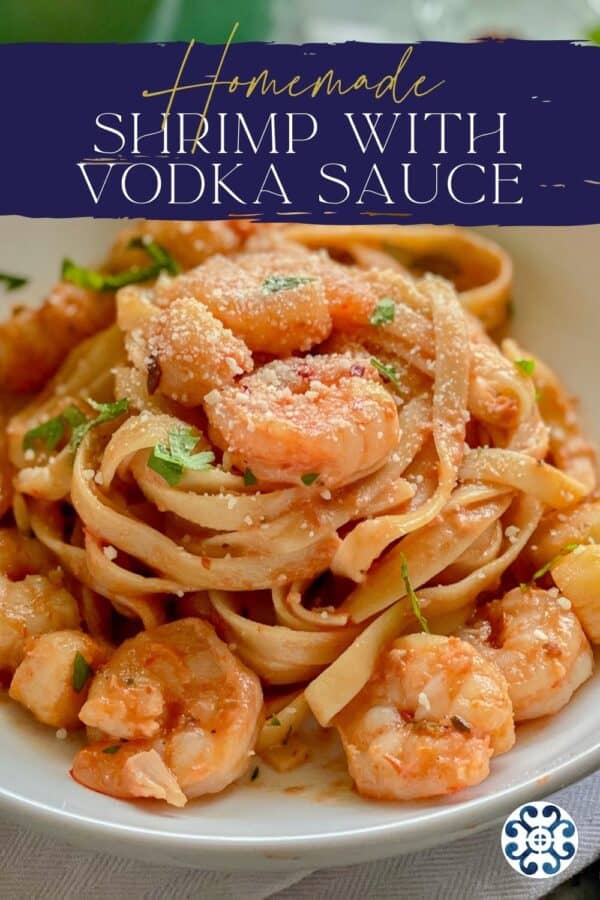 White plate filled with shrimp and scallops and linguine with recipe title text on image for Pinterest.