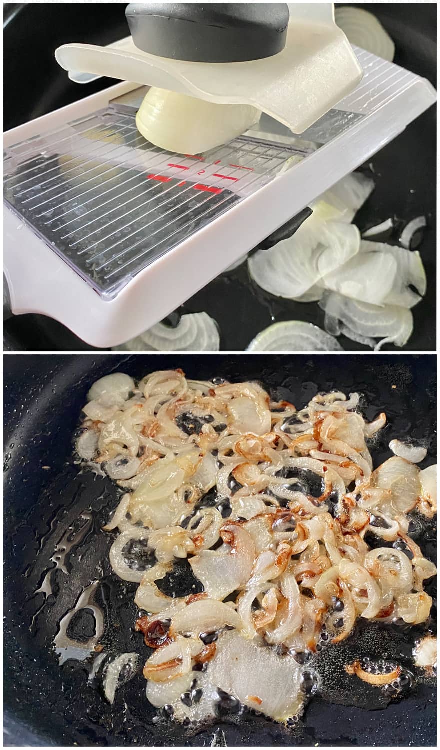 top with white onions being shredded with white shredder bottom photo with white onions being caramelized in black skillet.