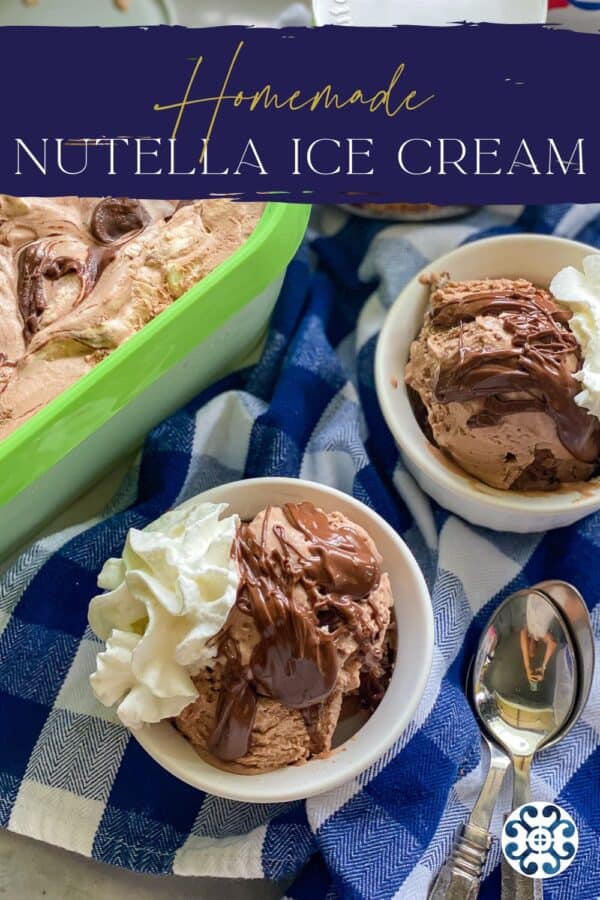 Two white bowls filled with chocolate ice creaam with recipe title text on image for Pinterest.