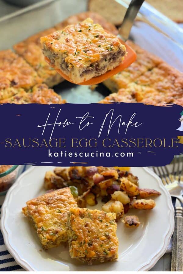 Glass baking dish with spatula holding egg divided by recipe title text with a white plate on the bottom with 2 egg squares.