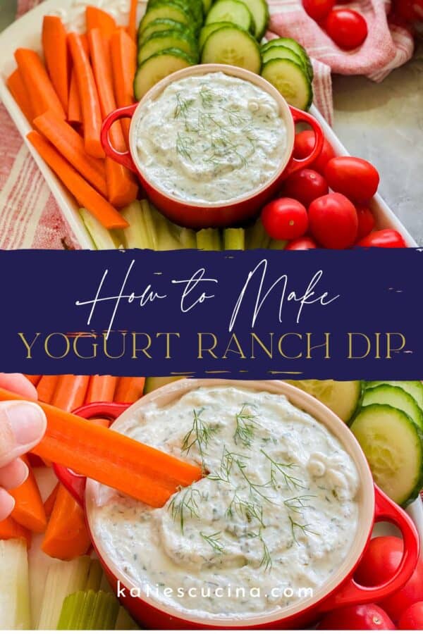 red crock with white dip and veggies divided by recipe title text for Pinterest and a hand dipping a carrot into the dip.