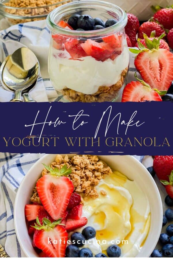 Glass jar fillled with a yogurt parfait divided by recipe title text with a bowl of yogurt on the bottom.