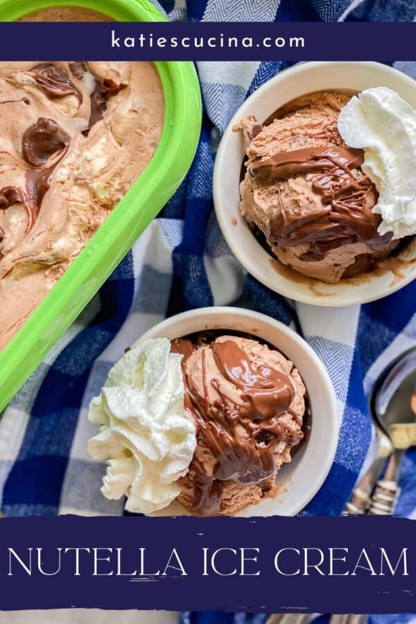 Two white bowls with chocolate ice cream and recipe title text on image.