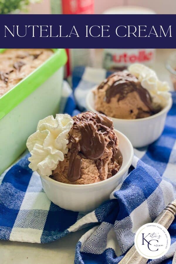 Two white bowls filled with chocolate ice cream, chocolate sauce and whipped cream on top recipe title text on image.