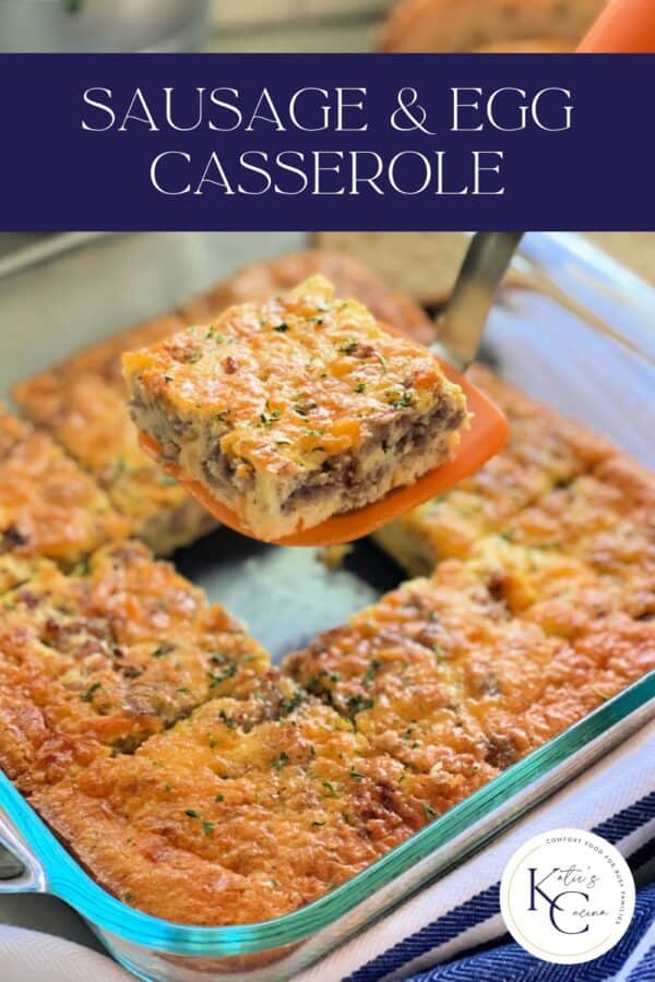 Glass baking dish with egg casserole on a spatula with recipe title text on image for Pinterest.
